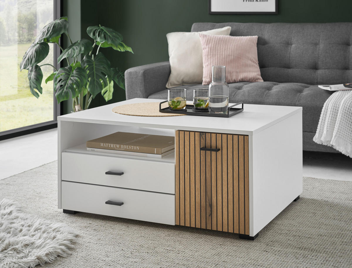 COUCHTISCH rechteckig Eichefarben, Weiß  - Eichefarben/Schwarz, Design, Holzwerkstoff/Metall (90/43/70cm) - MID.YOU