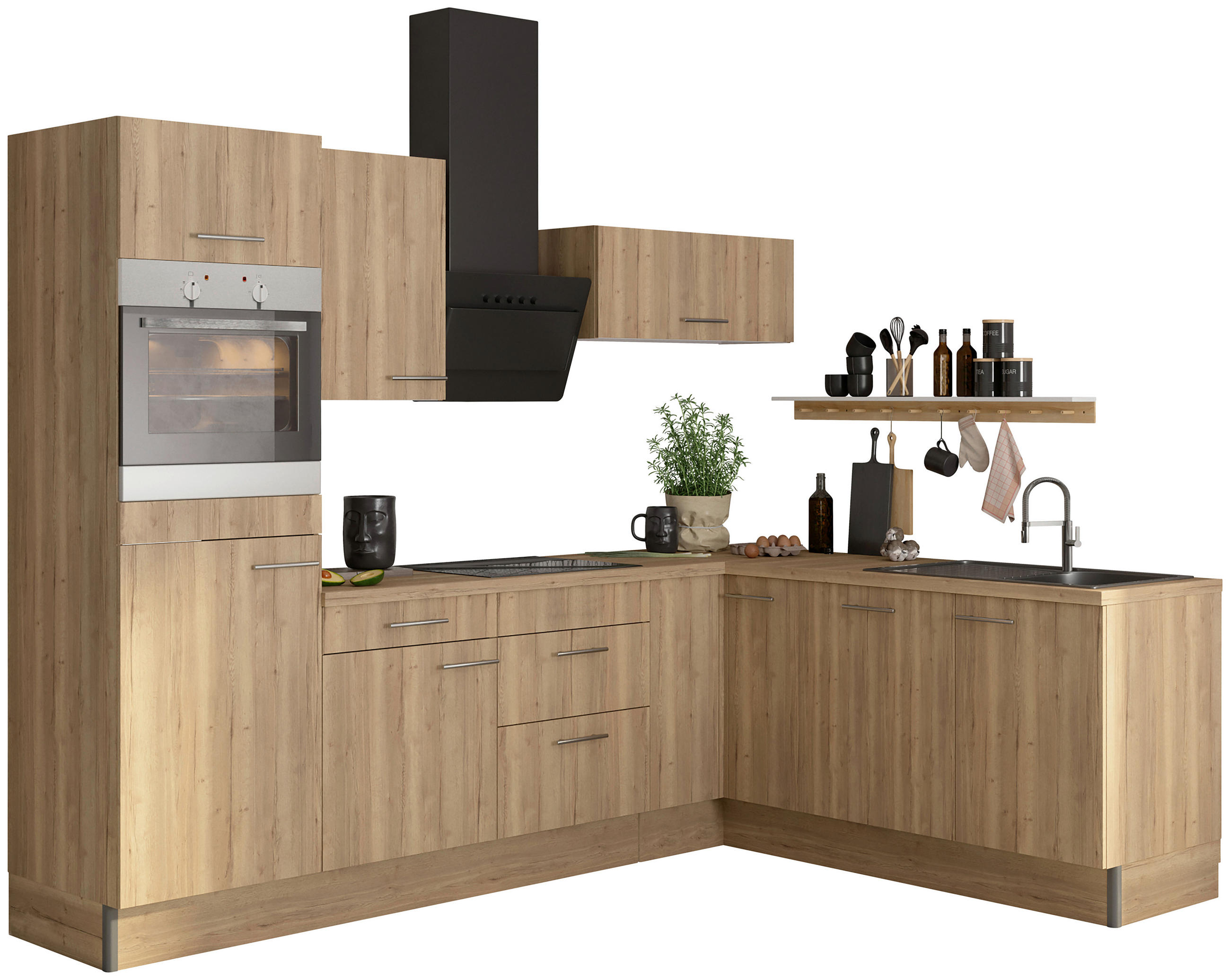 ECKKÜCHE 270/200 cm  in Eichefarben  - Edelstahlfarben/Eichefarben, Basics, Holzwerkstoff/Metall (270/200cm) - Optifit