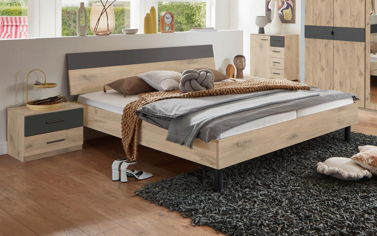 BETT 160/200 cm,  in Graphitfarben, Eichefarben,  - Eichefarben/Schwarz, KONVENTIONELL, Metall (160/200cm) - Boxxx