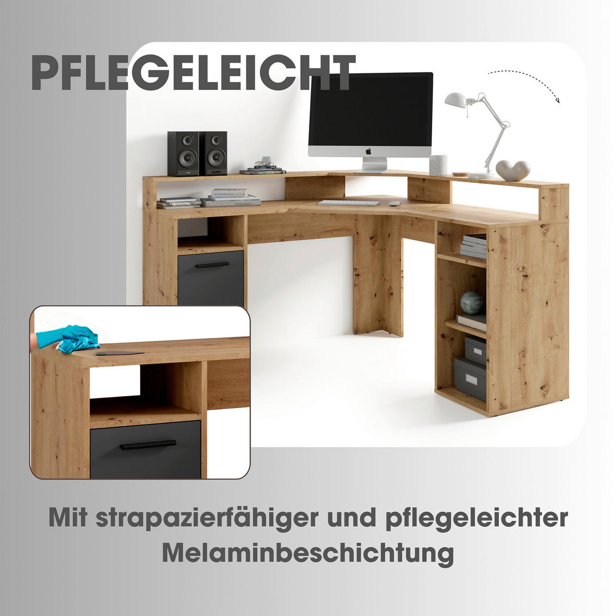 SCHREIBTISCH - Anthrazit/Eiche Artisan, MODERN, Holzwerkstoff/Kunststoff (139/139/90,8cm) - MID.YOU