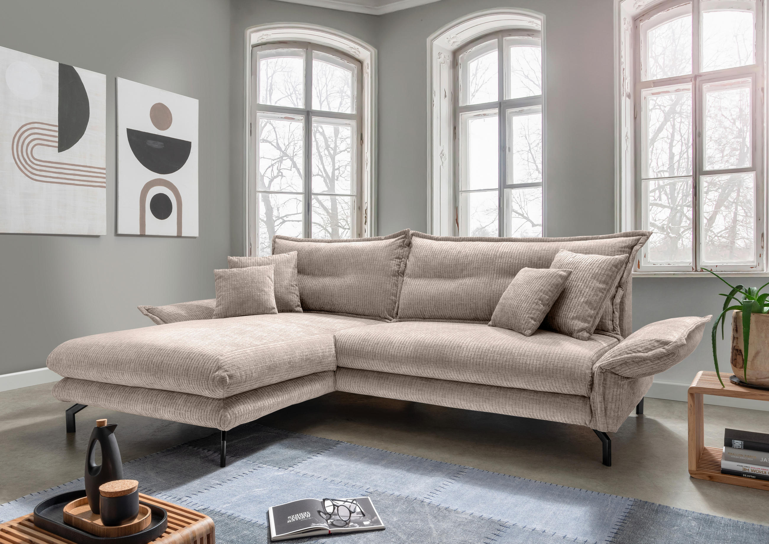 ECKSOFA in Velours Beige  - Beige/Schwarz, Design, Textil/Metall (180/255cm) - Livetastic