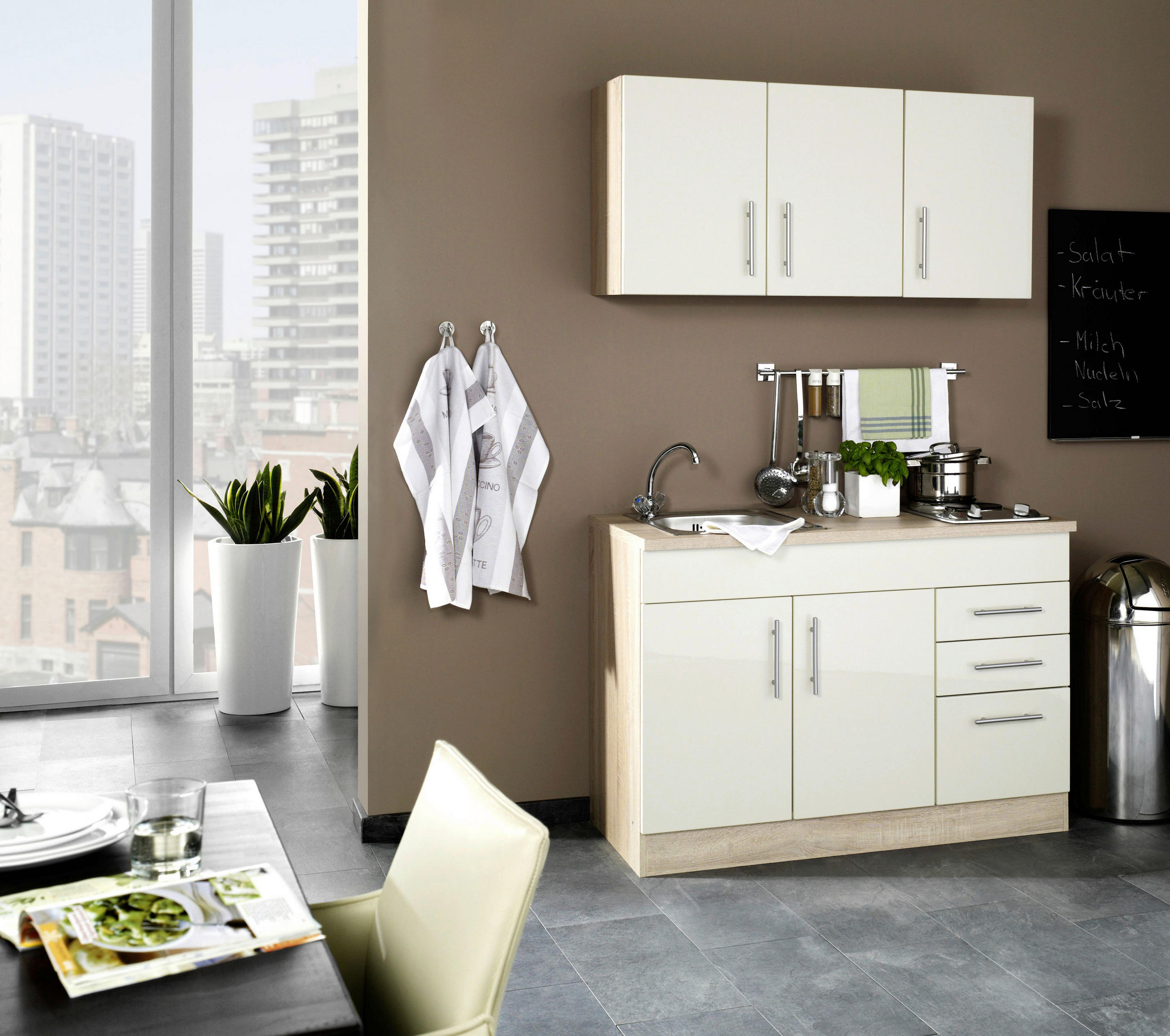 MINIKÜCHE 120 cm   in Creme  - Chromfarben/Eichefarben, MODERN, Holzwerkstoff/Metall (120cm) - Held