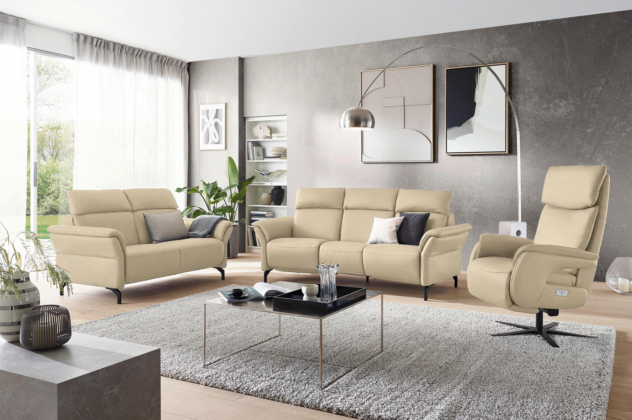 TRAPEZSOFA in Mikrofaser Ecru  - Ecru/Schwarz, Konventionell, Textil/Metall (221/103/95cm) - Dieter Knoll