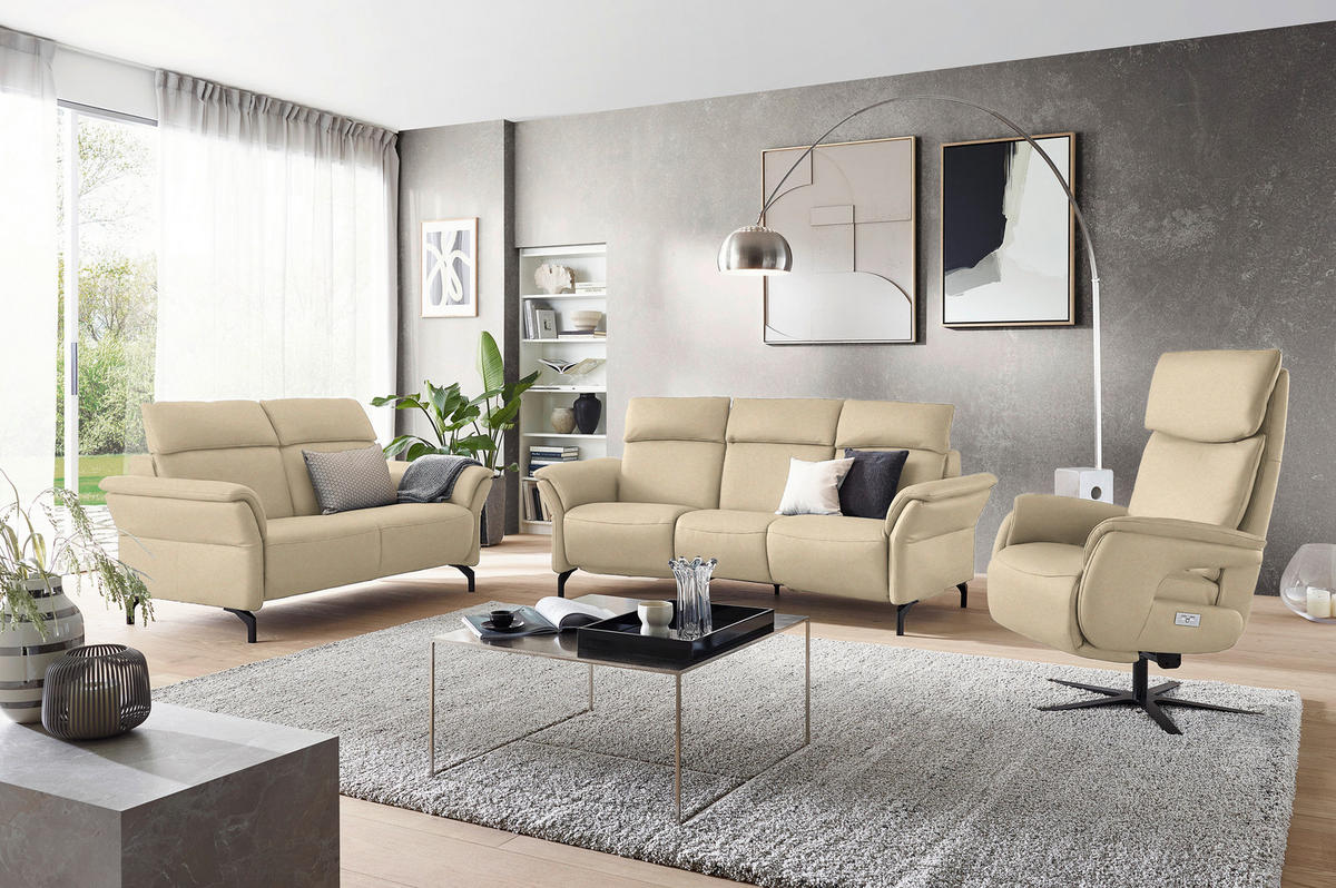 TRAPEZSOFA in Mikrofaser Ecru  - Ecru/Schwarz, Konventionell, Textil/Metall (221/103/95cm) - Dieter Knoll