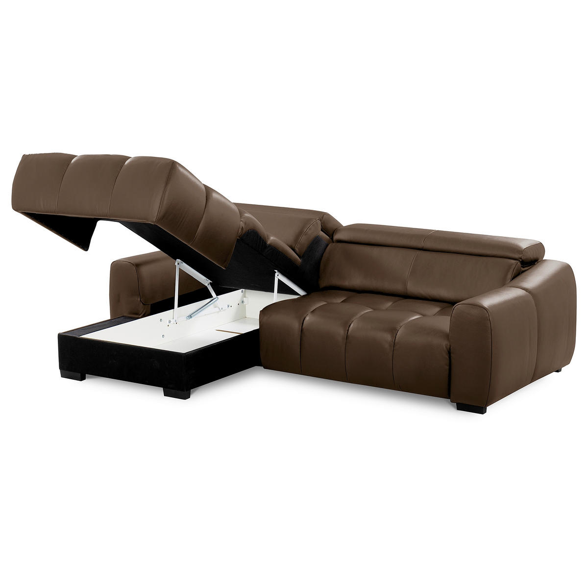 ECKSOFA AVEIRO Braun Echtleder Bettkasten, Kopfteilverstellung, Sitzvorzug  - Schwarz/Braun, Design, Leder/Kunststoff (177/274cm) - Livetastic