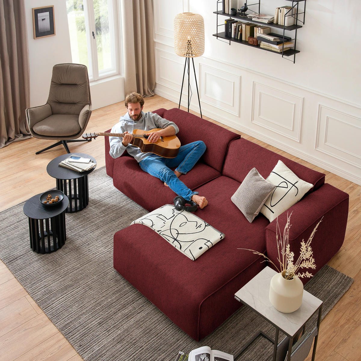 ECKSOFA in Webstoff Rot  265/171 cm  - Rot/Schwarz, Design, Kunststoff/Textil (265/171cm) - home24