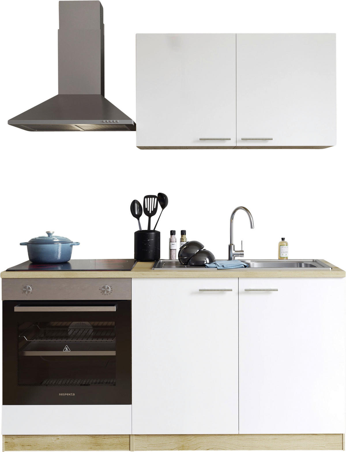 MINIKÜCHE 160 cm   in Weiß  - Eichefarben/Weiß, Design, Holzwerkstoff/Metall (160cm) - Respekta