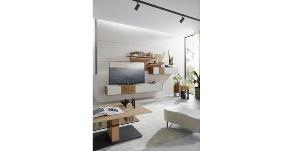 WOHNWAND in Weiß, Eichefarben 343/196/44 cm - Eichefarben/Silberfarben, Design, Glas/Holz (343/196/44cm) - Valnatura