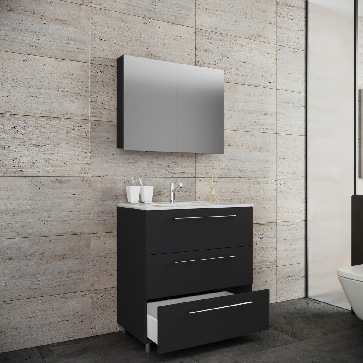 BADEZIMMER 3-teilig  in 80 cm  - Alufarben/Schwarz, MODERN, Keramik/Holzwerkstoff (80cm) - MID.YOU