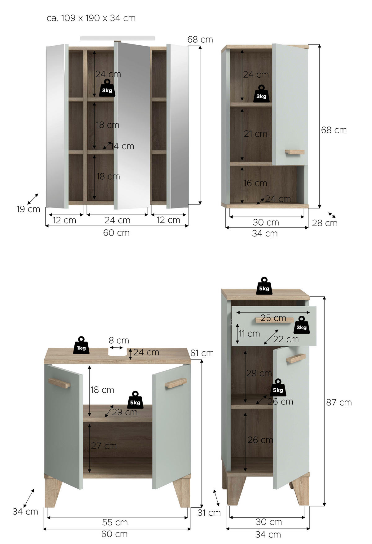 BADEZIMMER 5-teilig 94 cm  - Eiche San Remo/Graugrün, Modern, Holzwerkstoff/Kunststoff (94cm) - MID.YOU