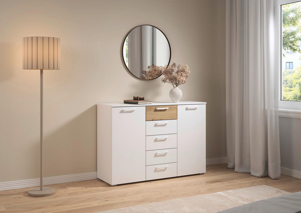 KOMMODE , 120/84/40 cm, 5 Schublade(n)  - Weiß/Eiche Artisan, MODERN, Holzwerkstoff/Kunststoff (120/84/40cm) - Rauch Möbel