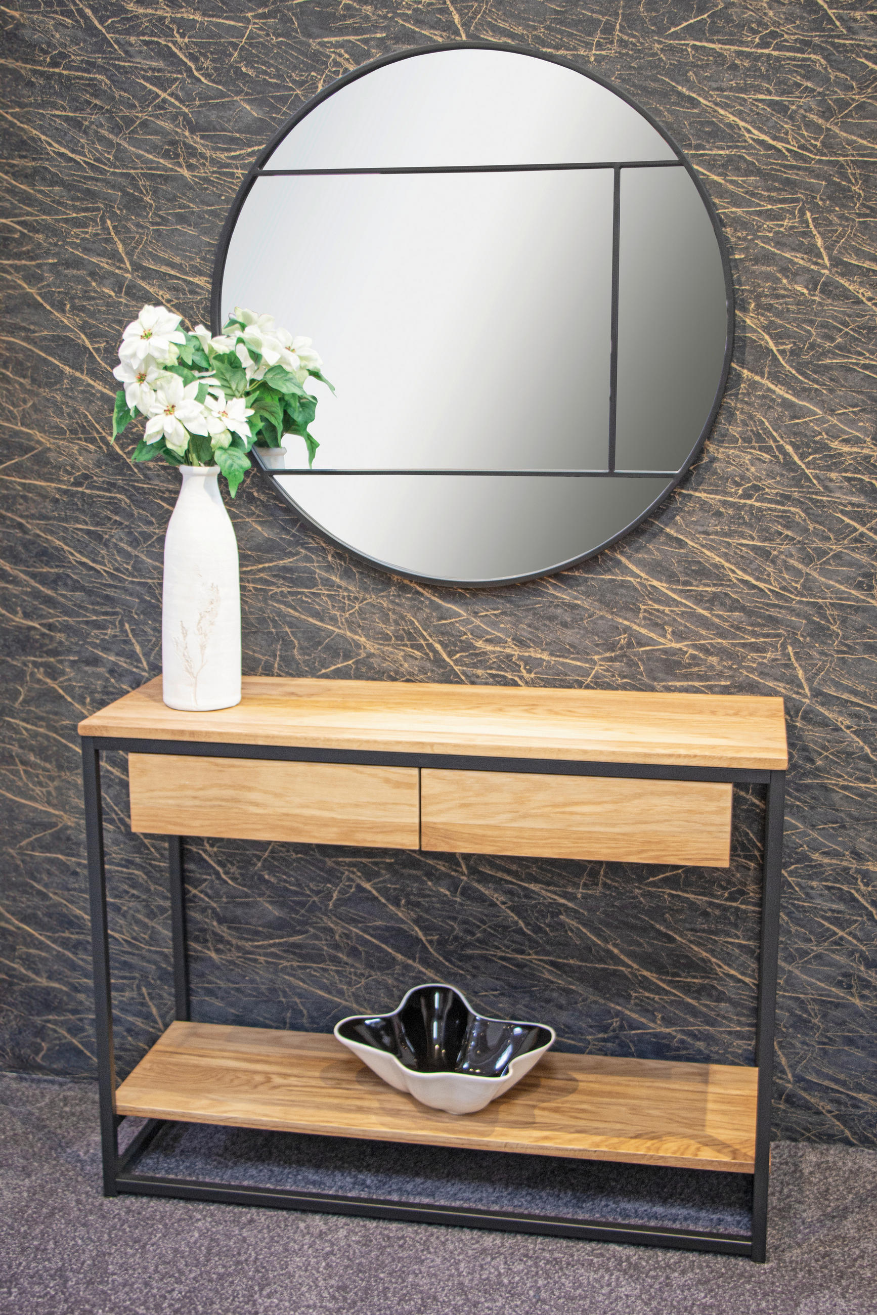 KONSOLENTISCH Eiche massiv Schwarz, Eichefarben  - Eichefarben/Schwarz, KONVENTIONELL, Holz/Metall (100/35/75cm)