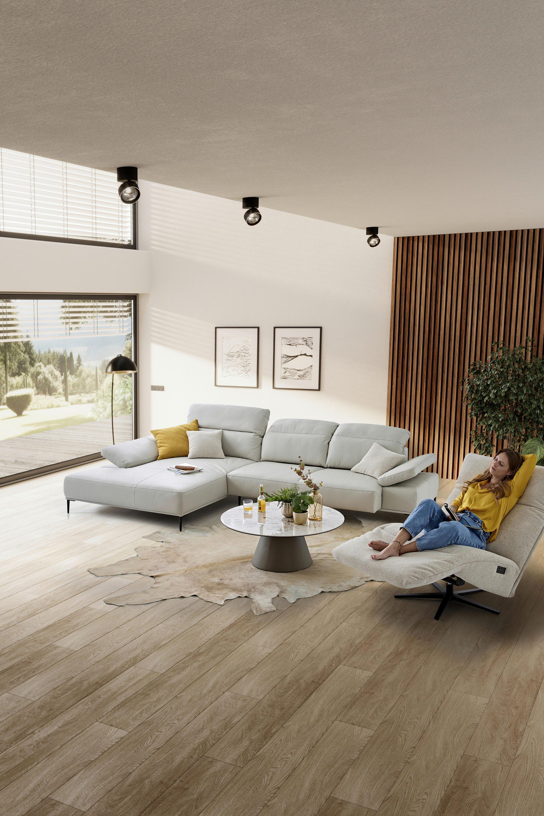 Thumbnail - Chilliano Ecksofa, Greige, Leder, Echtleder, Longlife-Leder, 3-Sitzer, Ottomane links, L-Form, 339x206 cm, Goldenes M, D...