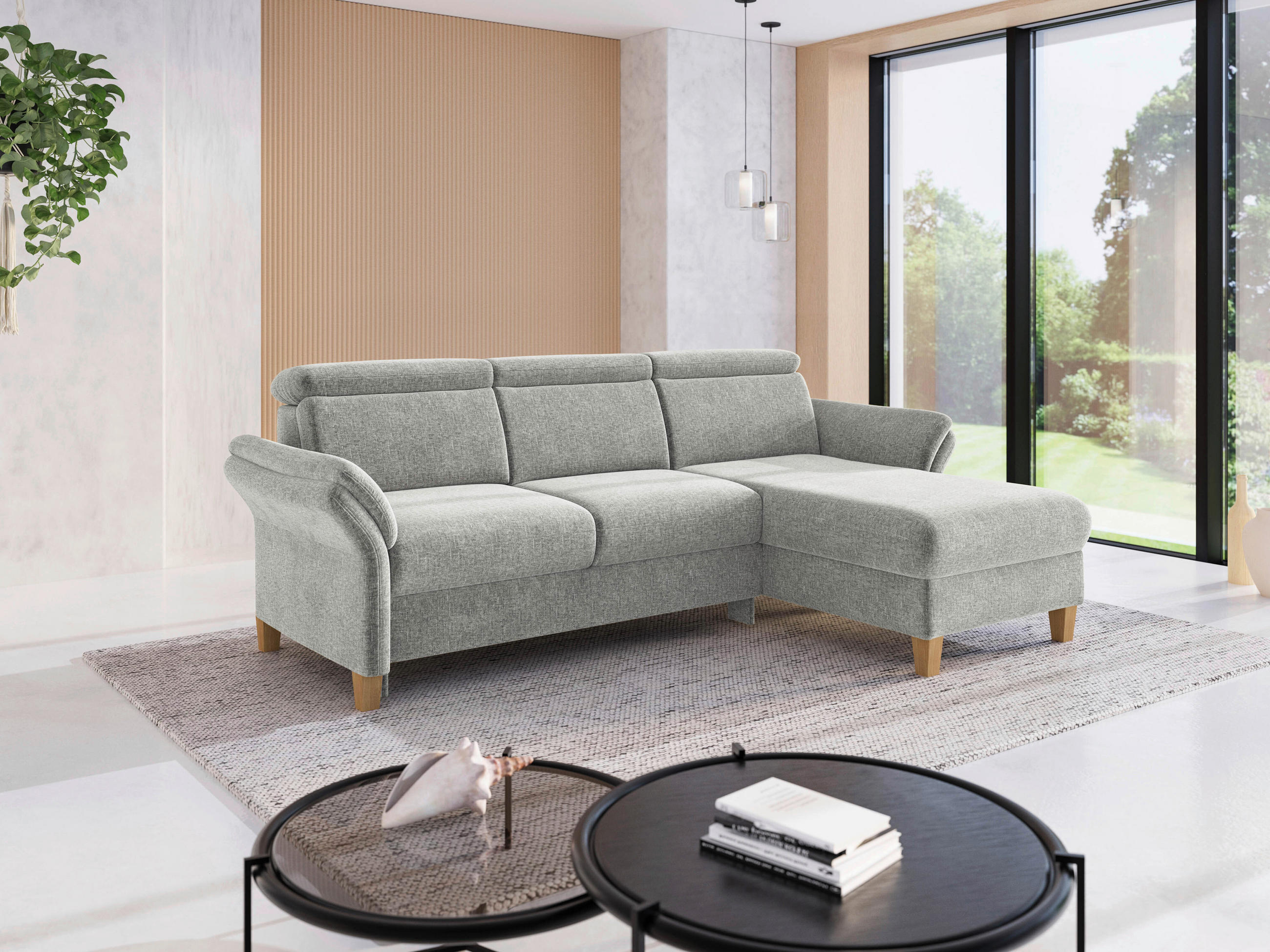 ECKSOFA GLENDALE E Hellgrau Flachgewebe  - Eichefarben/Hellgrau, KONVENTIONELL, Holz/Textil (253/166cm) - Sit & More