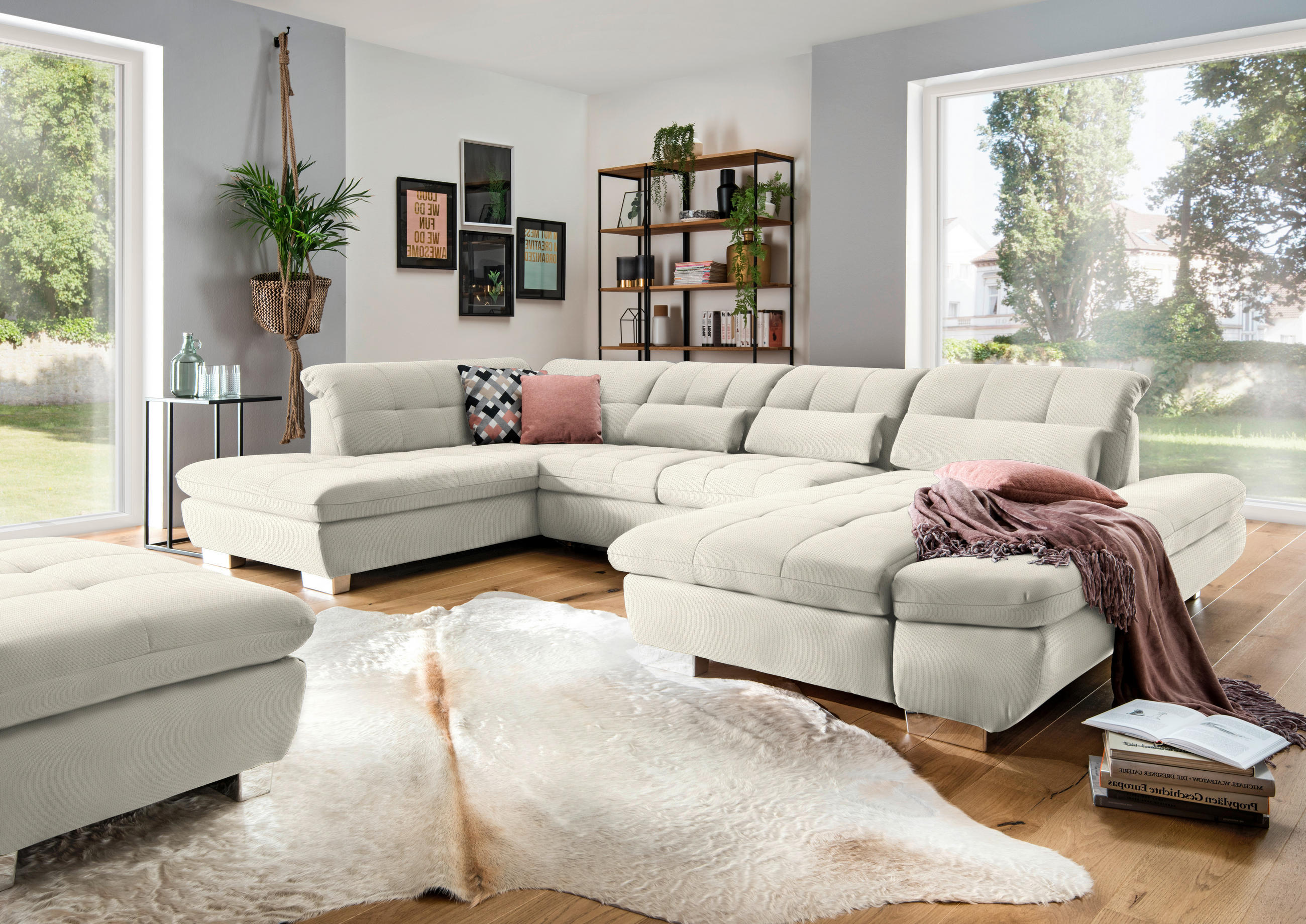 WOHNLANDSCHAFT in Mikrofaser Weiss  - Chromfarben/Weiss, Design, Kunststoff/Textil (211/350/204cm) - Xora