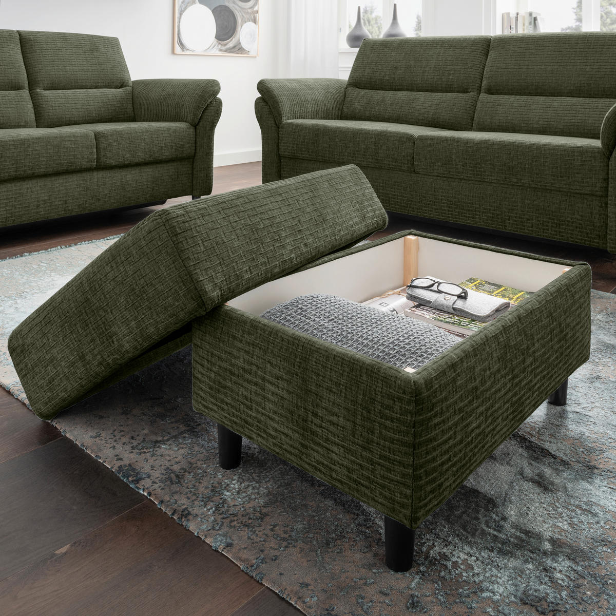HOCKER in Textil Olivgrün  - Schwarz/Olivgrün, Modern, Holz/Textil (76/46/55cm) - Livetastic