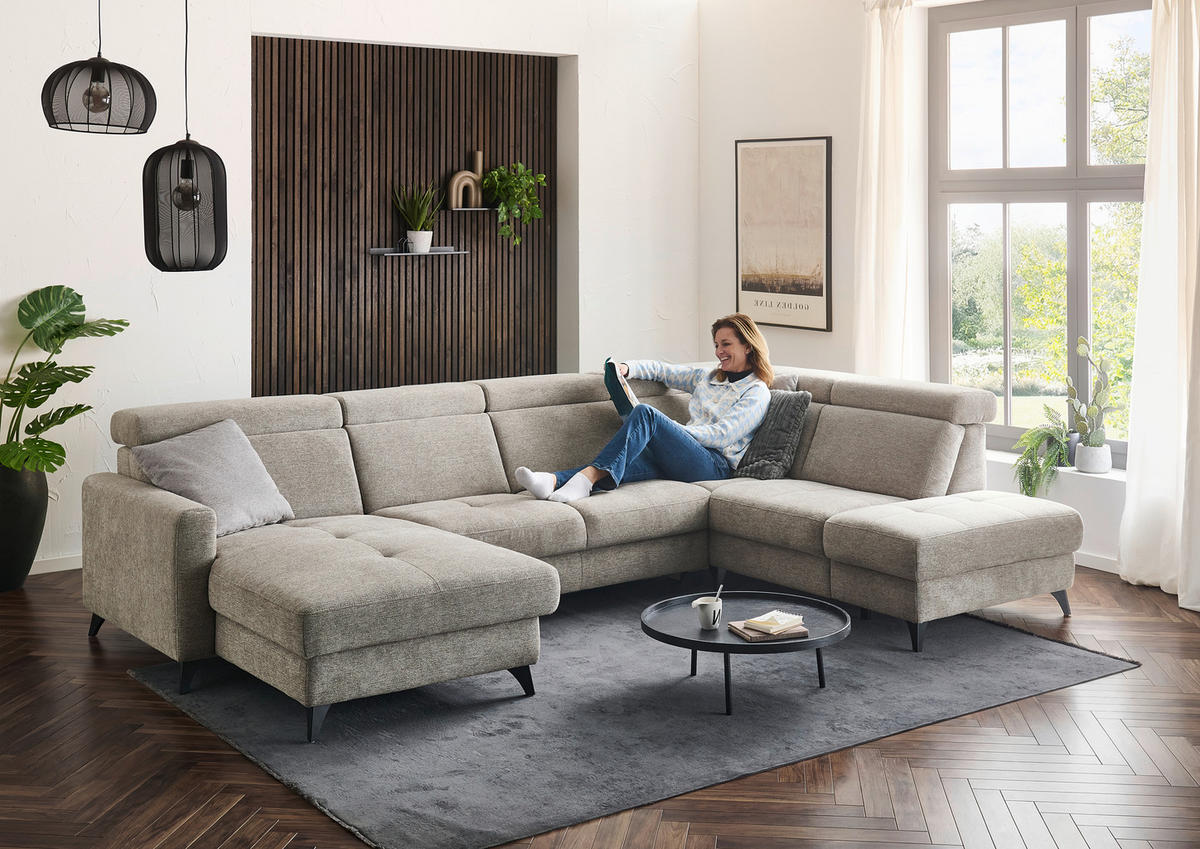 WOHNLANDSCHAFT Beldomo System Graubraun Flachgewebe  - Graubraun/Schwarz, KONVENTIONELL, Textil/Metall (174/333/215cm) - Beldomo System