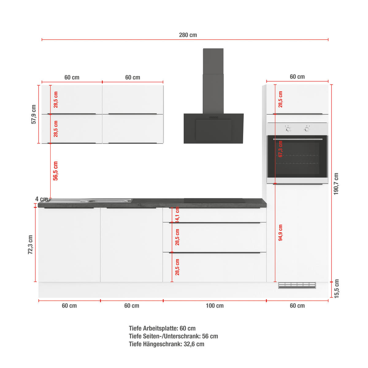 KÜCHENLEERBLOCK 280 cm   in Graphitfarben  - Eiche dunkel/Schwarz, Design, Holzwerkstoff/Metall (280cm) - Impuls