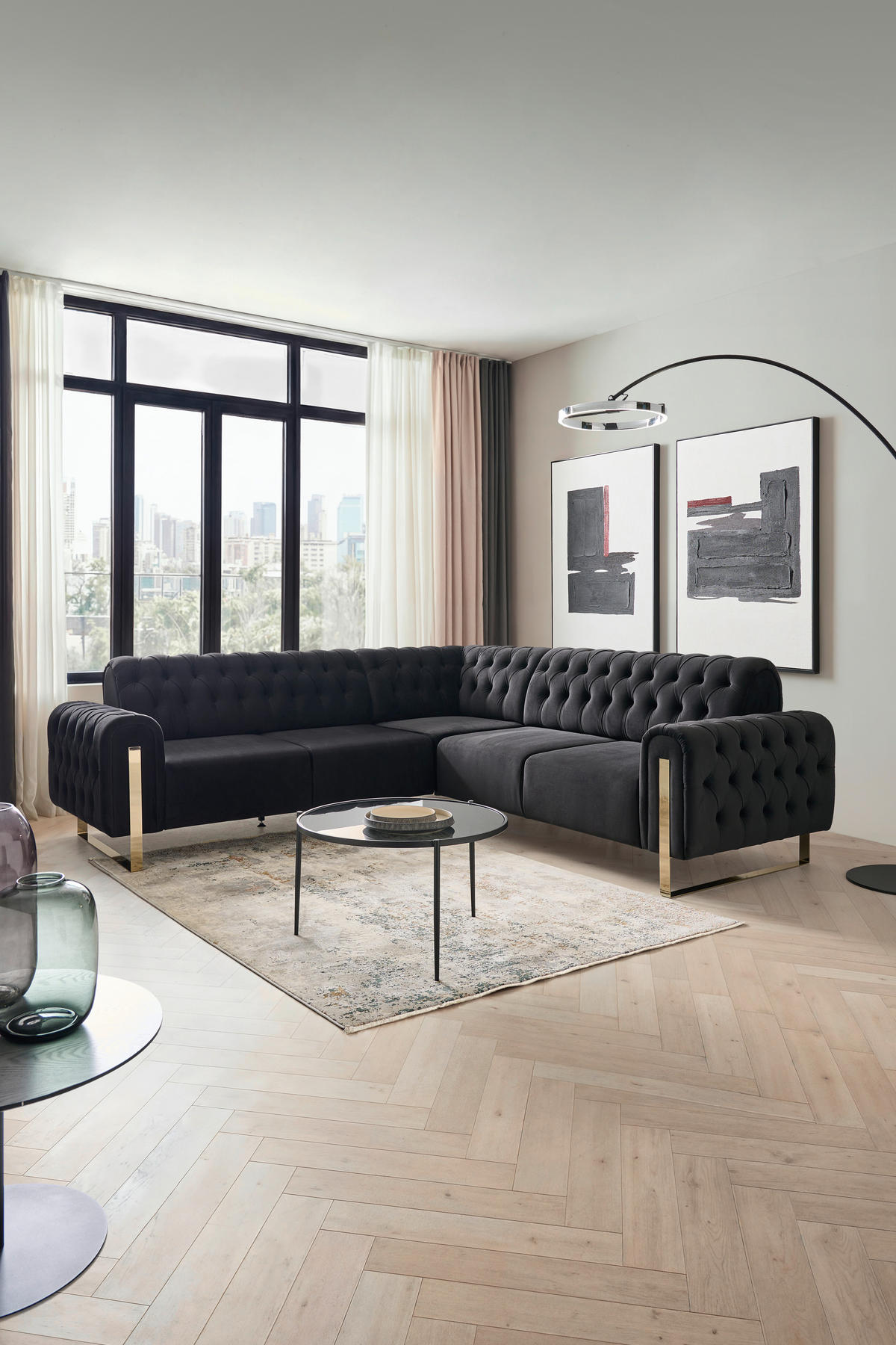 ECKSOFA  in Velours Schwarz  264/264 cm  - Goldfarben/Schwarz, KONVENTIONELL, Textil/Metall (264/264cm) - Carryhome