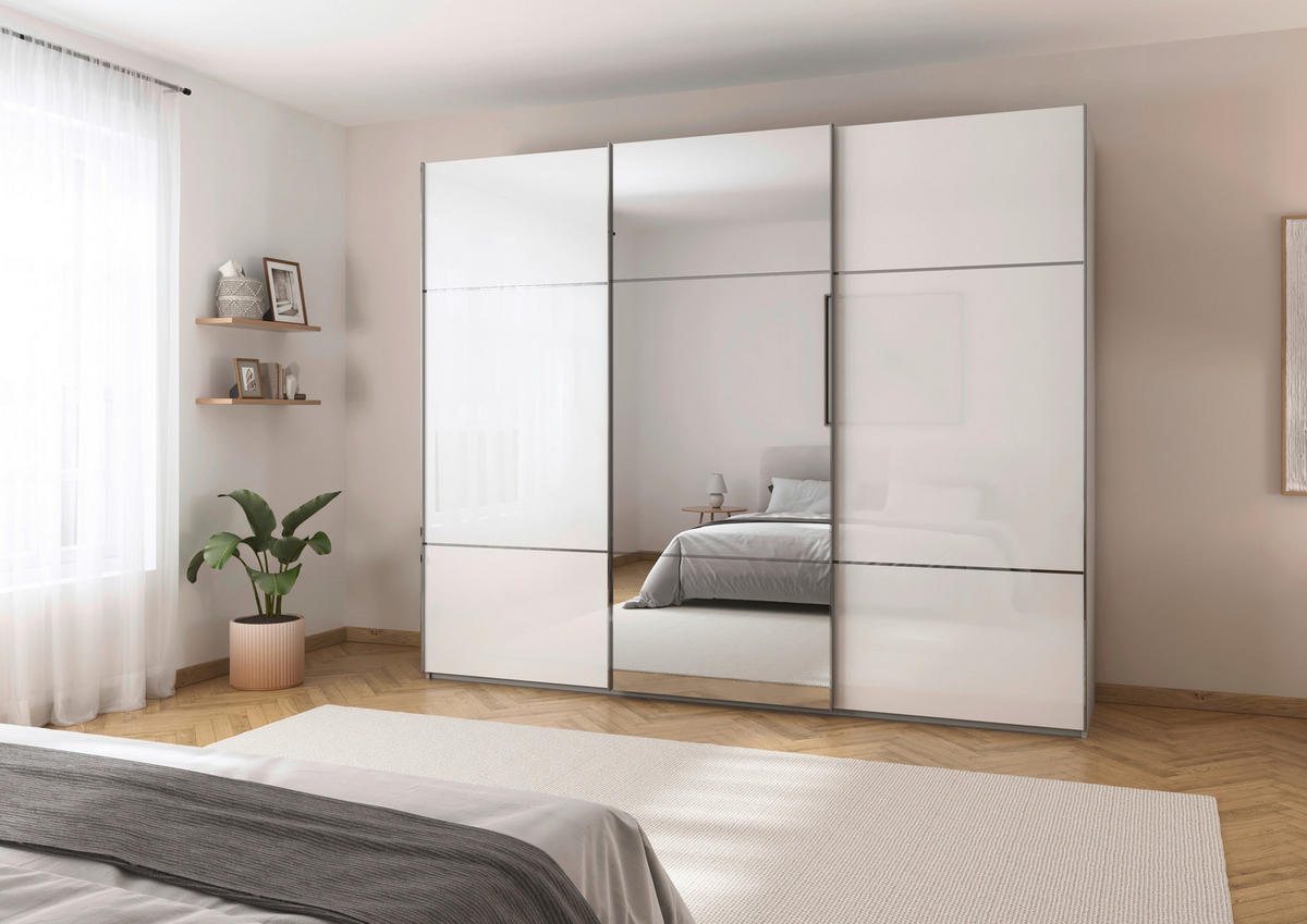 SCHWEBETÜRENSCHRANK 242/223/68 cm 3-türig Grau, Weiß  - Chromfarben/Weiß, KONVENTIONELL, Glas/Holzwerkstoff (242/223/68cm) - Novel