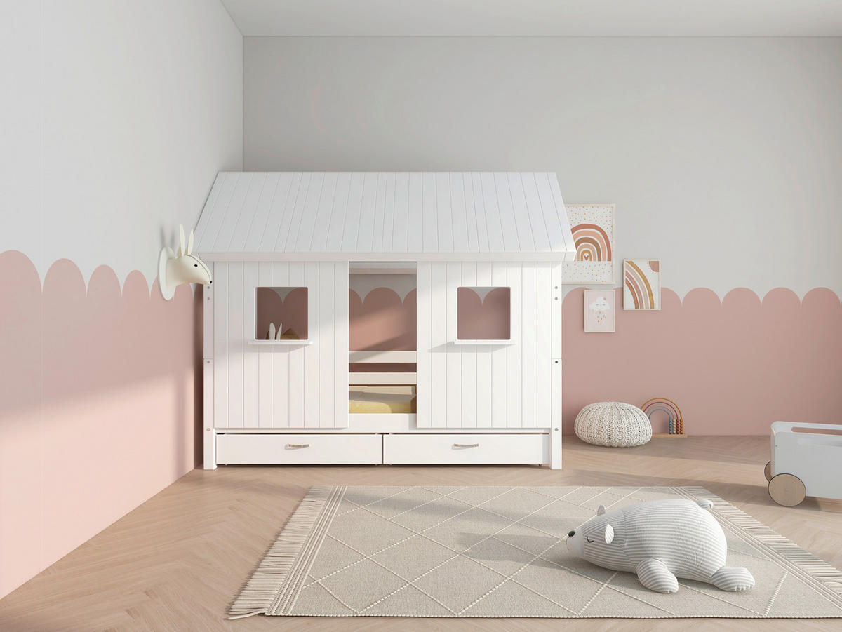 HAUSBETT 90/200 cm,  in Rosa, Weiß, Rollrost, Bettschublade  - Rosa/Weiß, MODERN, Holz (90/200cm) - Chameo