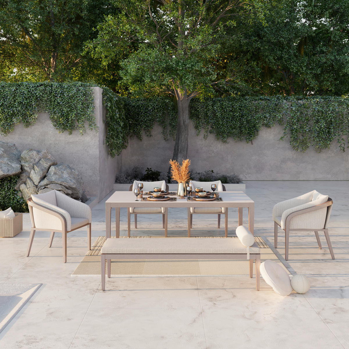 GARTENTISCHGRUPPE Webstoff Aluminium  - Beige/Teakfarben, MODERN, Textil/Stein - Ambia Garden