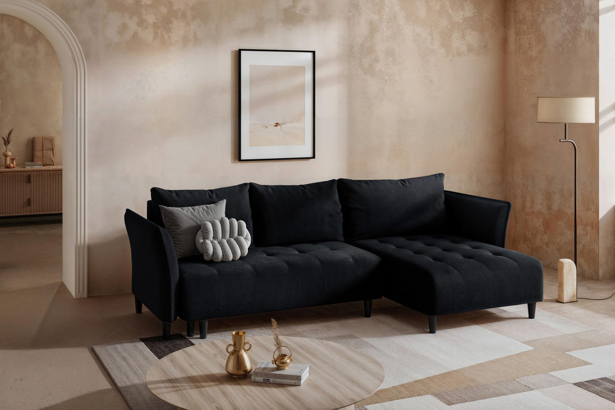 ECKSOFA MONTE CARLO Schwarz Struktur, Plüsch  - Schwarz, Trend, Textil (290/160cm) - MID.YOU