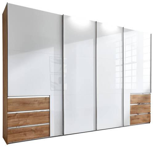 SCHWEBETÜRENSCHRANK 350/236/65 cm 4-türig Weiß, Weiß Hochglanz, Eichefarben  - Chromfarben/Weiß Hochglanz, MODERN, Holzwerkstoff/Metall (350/236/65cm) - MID.YOU