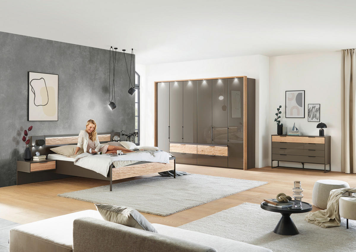 KLEIDERSCHRANK  in Anthrazit, Eichefarben  - Schieferfarben/Eichefarben, Design, Glas/Holzwerkstoff (300/216/58cm) - Dieter Knoll