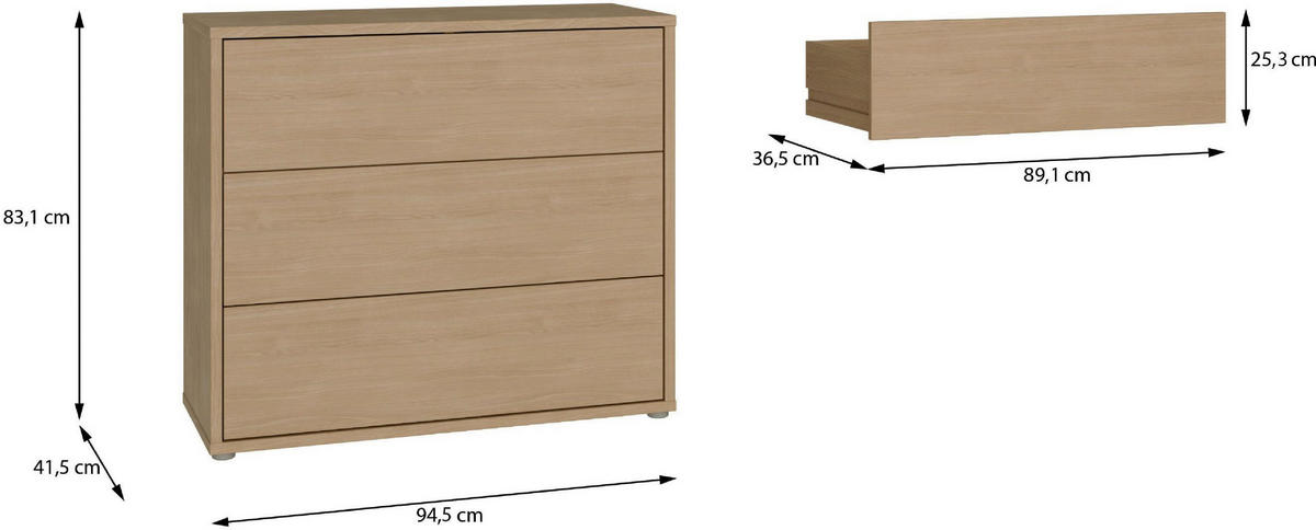 KOMMODE , 95/83/42 cm, 3 Schublade(n)  - Eichefarben/Silberfarben, Trend, Holzwerkstoff/Kunststoff (95/83/42cm) - Carryhome