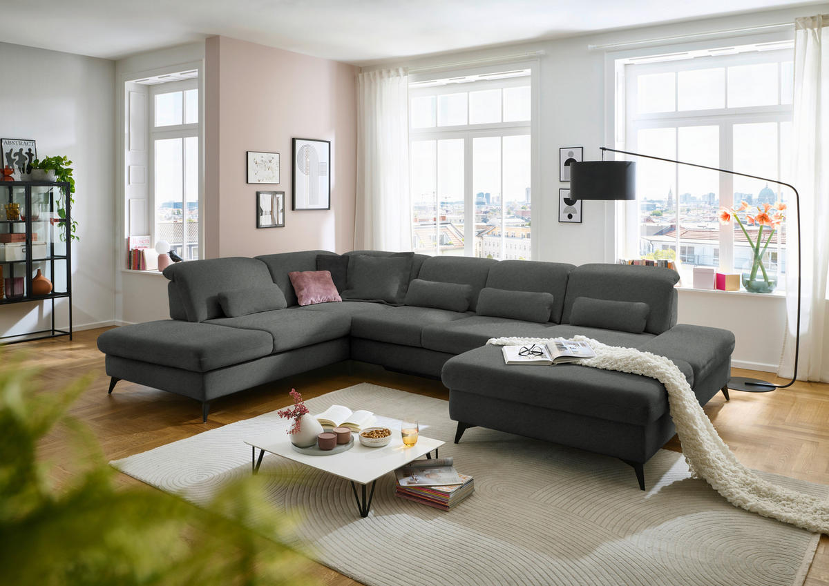 WOHNLANDSCHAFT Chenille Grau  - Schwarz/Grau, Design, Textil/Metall (255/364/198cm) - Beldomo Style