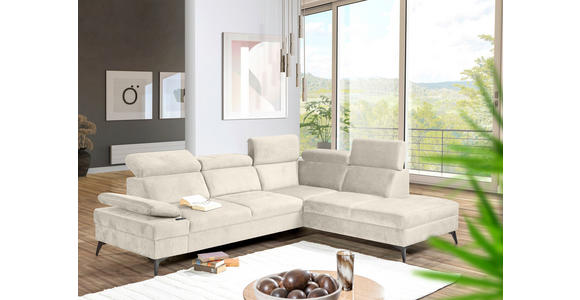 ECKSOFA Greige Flachgewebe Rücken echt, Kopfteilverstellung, Sitzvorzug  - Greige/Schwarz, MODERN, Textil/Metall (258/210cm) - Landscape