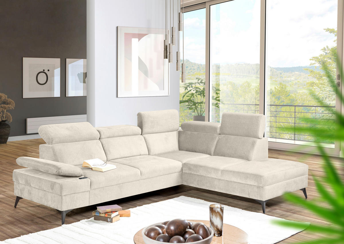 ECKSOFA Greige Flachgewebe Rücken echt, Kopfteilverstellung, Sitzvorzug  - Greige/Schwarz, MODERN, Textil/Metall (258/210cm) - Landscape