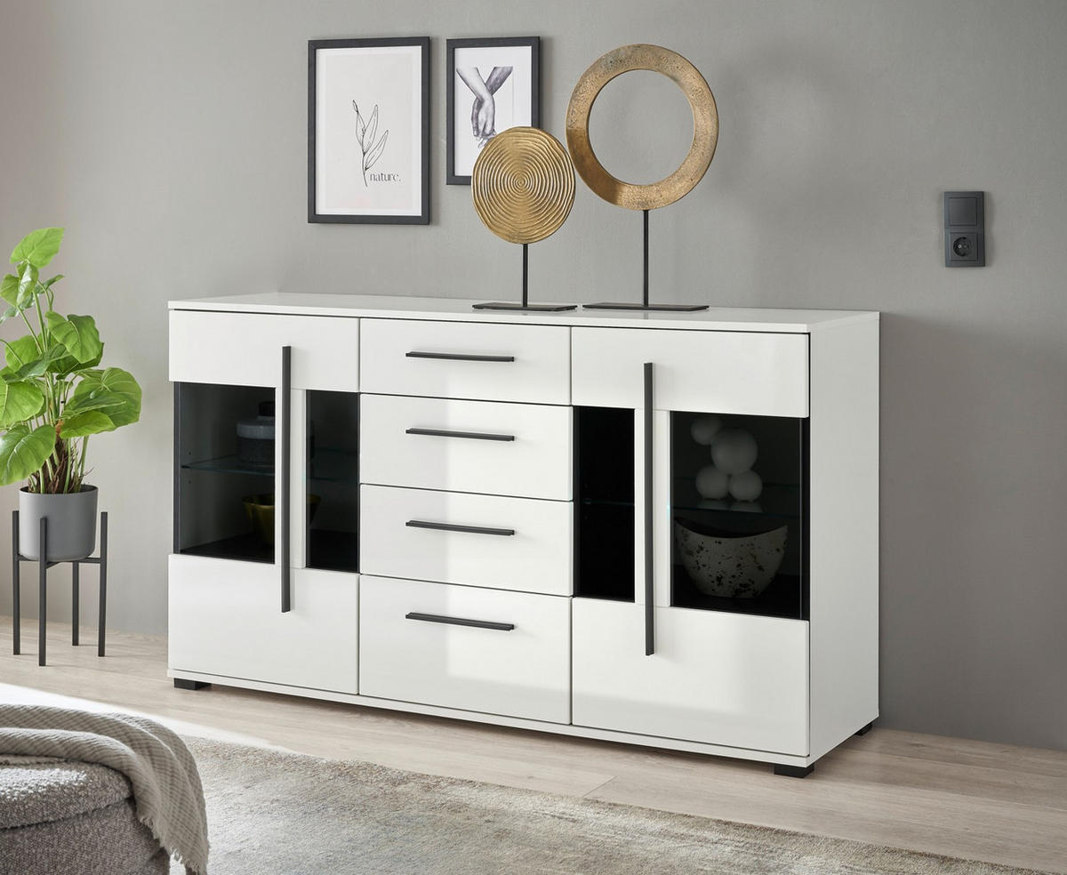 SIDEBOARD  150/86/42 cm 4 Schublade(n)  - Weiß Hochglanz/Schwarz, Design, Glas/Holzwerkstoff (150/86/42cm) - Livetastic