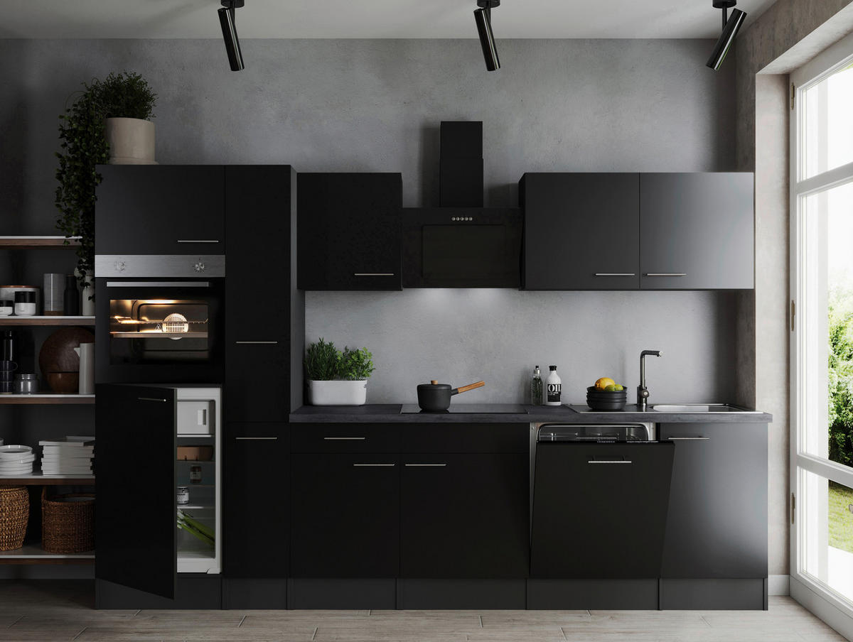 KÜCHENBLOCK 310 cm   in Grau, Schwarz  - Silberfarben/Schwarz, Design, Holzwerkstoff/Metall (310cm) - Respekta
