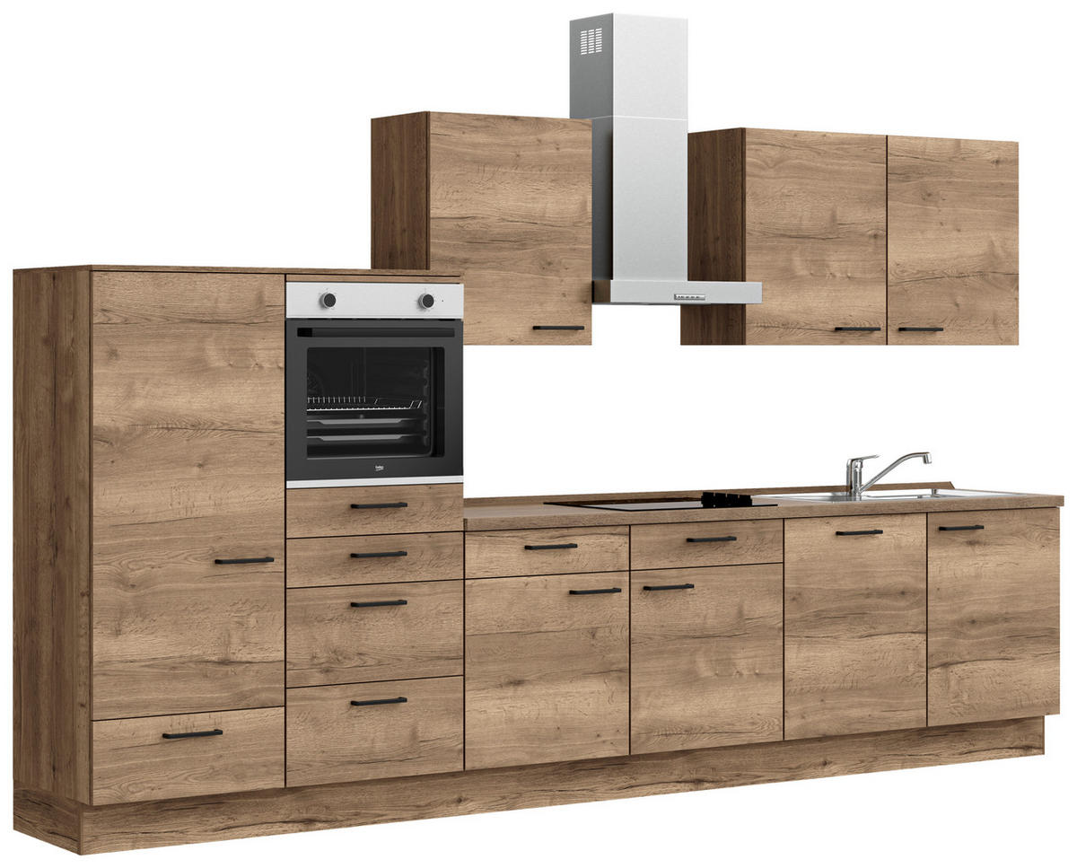 KÜCHENBLOCK 360 cm   in Eiche dunkel  - Eiche dunkel/Eichefarben, MODERN, Holzwerkstoff/Metall (360cm) - Nobilia