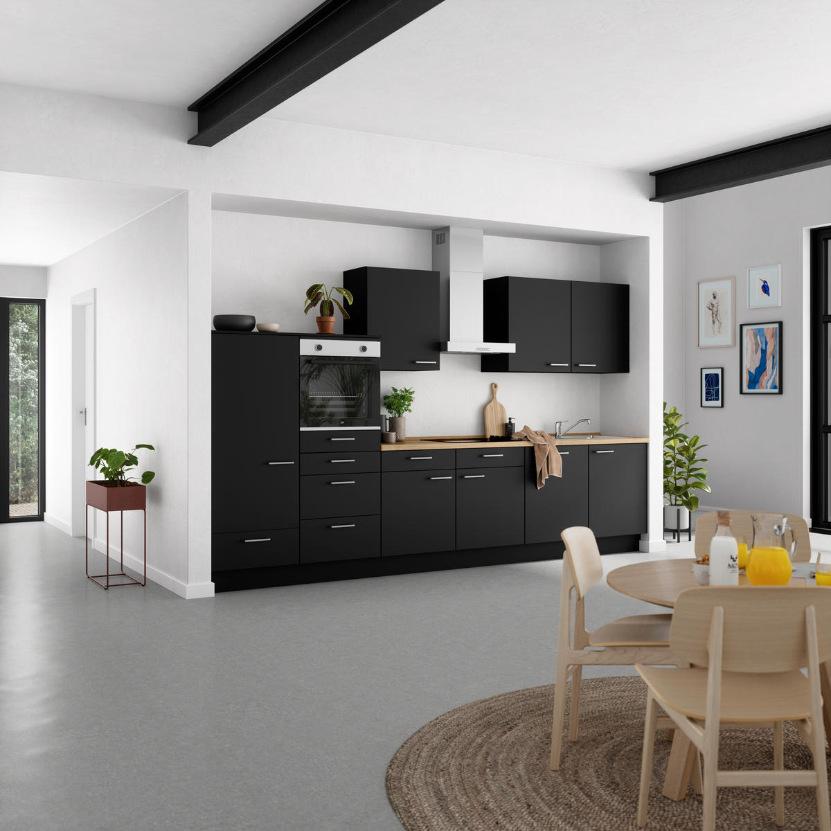 KÜCHENLEERBLOCK 360 cm   in Schwarz, Eichefarben  - Edelstahlfarben/Eichefarben, MODERN, Holzwerkstoff/Metall (360cm) - Nobilia