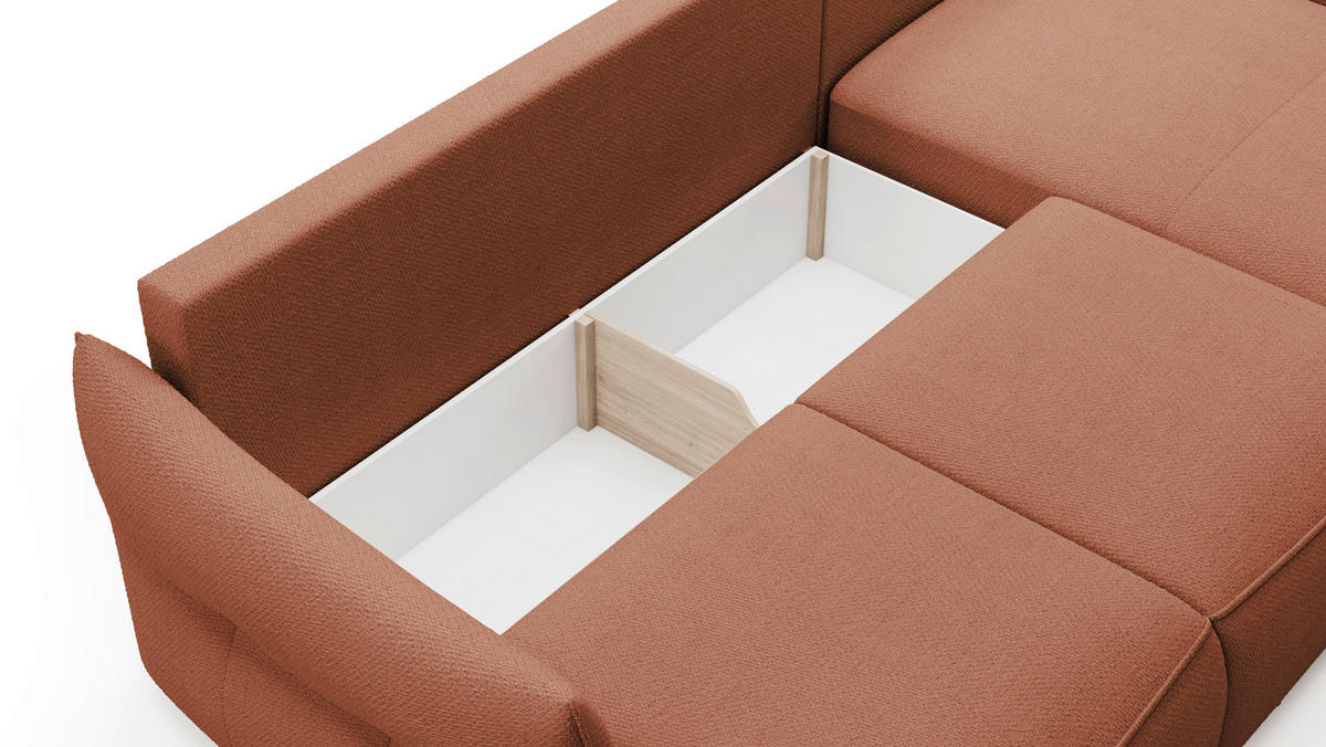 ECKSOFA Rostfarben Webstoff Rückenkissen, Bettkasten, Schlaffunktion, Rücken echt, Liegefläche im Originalstoff  - Rostfarben/Schwarz, KONVENTIONELL, Kunststoff/Textil (306/179cm) - Milino