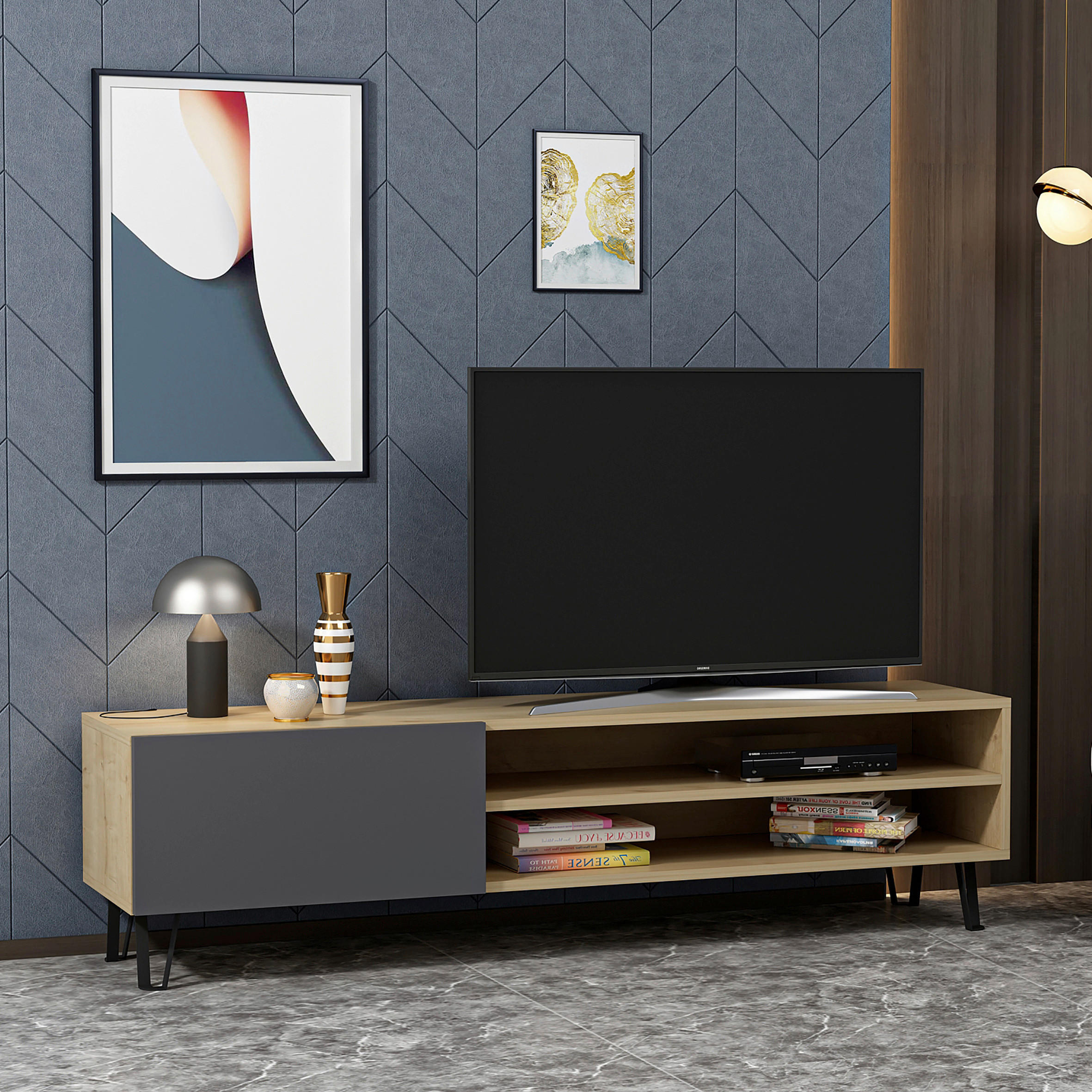 TV-BÄNK 160/47/37,4 cm  - svart/grå, Design, metall/trämaterial (160/47/37,4cm) - Livetastic
