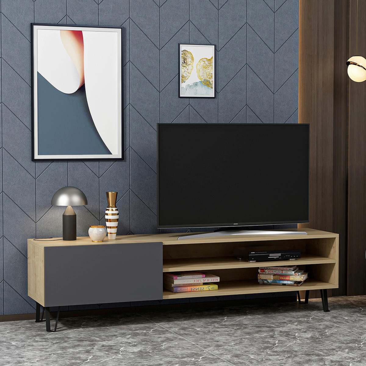 LOWBOARD Vienna  in 160/47/37,4 cm  - Eichefarben/Schwarz, Design, Holzwerkstoff/Metall (160/47/37,4cm) - Livetastic