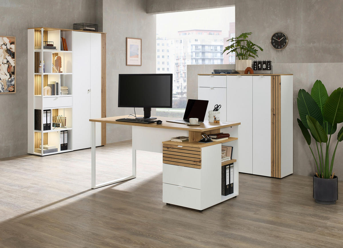 SCHREIBTISCH 150/77/73 cm Weiß, Eiche Artisan Kabeldurchlass, Stauraum  - Weiß/Eiche Artisan, KONVENTIONELL, Holzwerkstoff/Metall (150/77/73cm) - Voleo