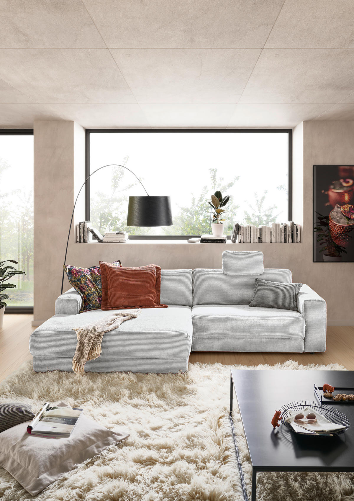 ECKSOFA inkl. Relaxfunktion Grau Cord  - Schwarz/Grau, Design, Kunststoff/Textil (168/296cm) - Pure Home Lifestyle