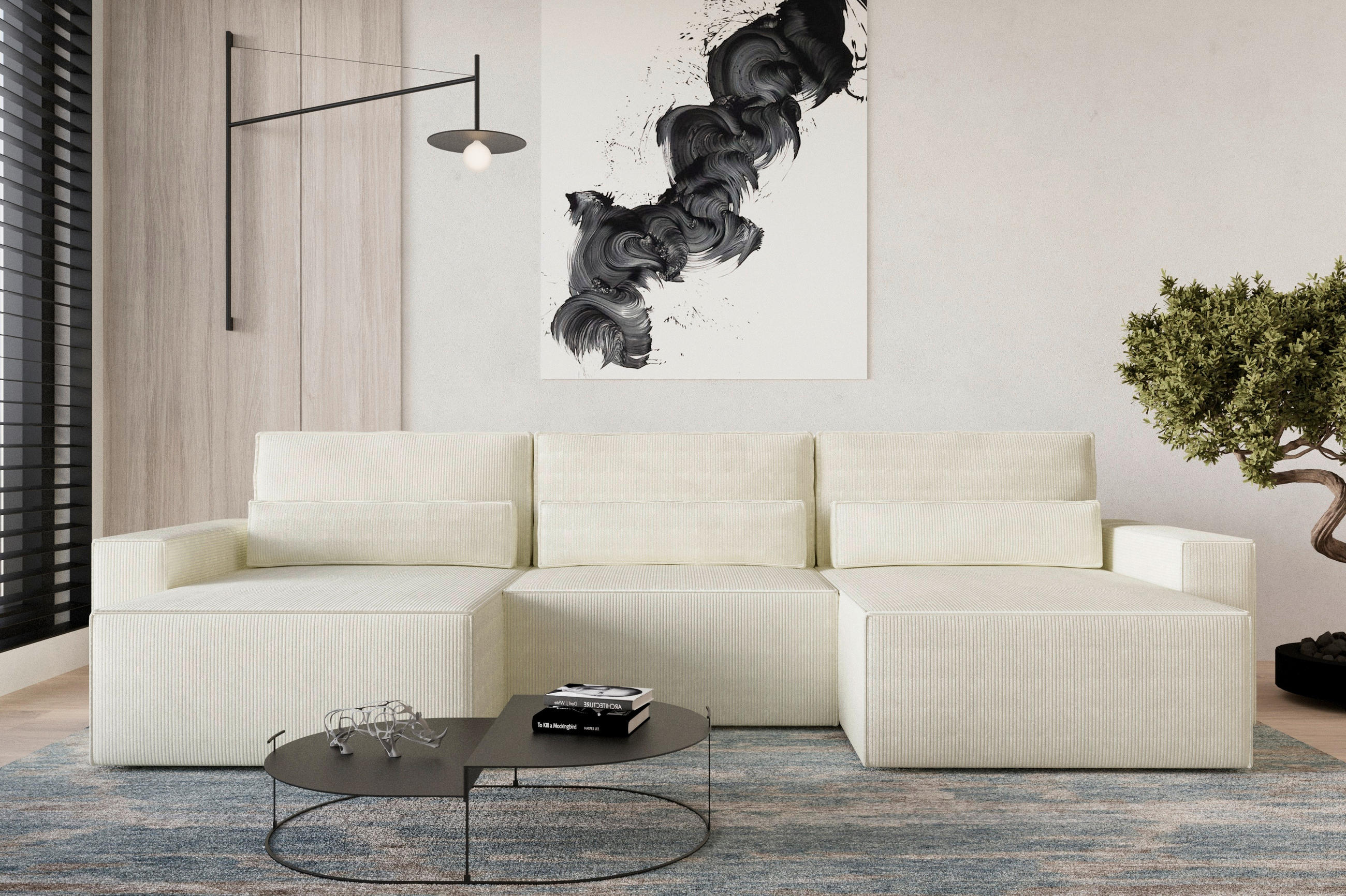WOHNLANDSCHAFT BRAZIL MINI U Creme Cord  - Creme/Schwarz, Design, Kunststoff/Textil (162/350/162cm) - MID.YOU