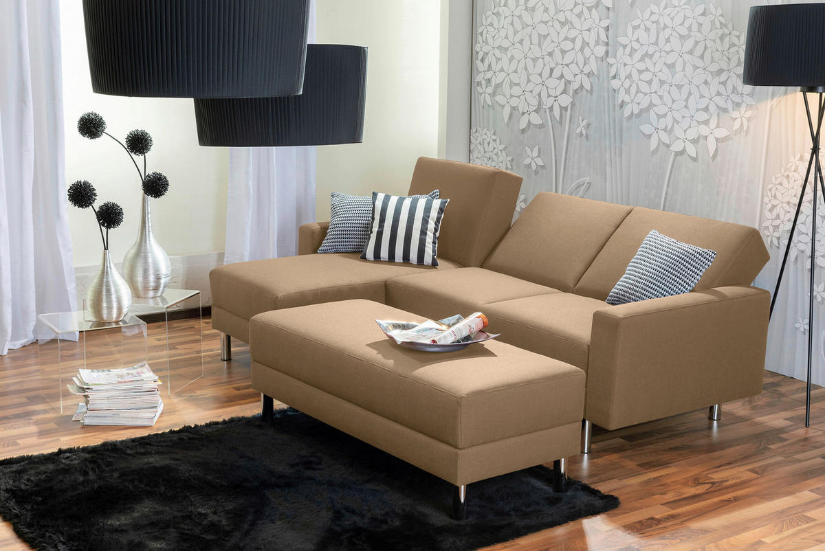 ECKSCHLAFSOFA inkl. Hocker in Sandfarben Textil   - Sandfarben/Chromfarben, Konventionell, Textil/Metall (152/230cm) - Max Winzer