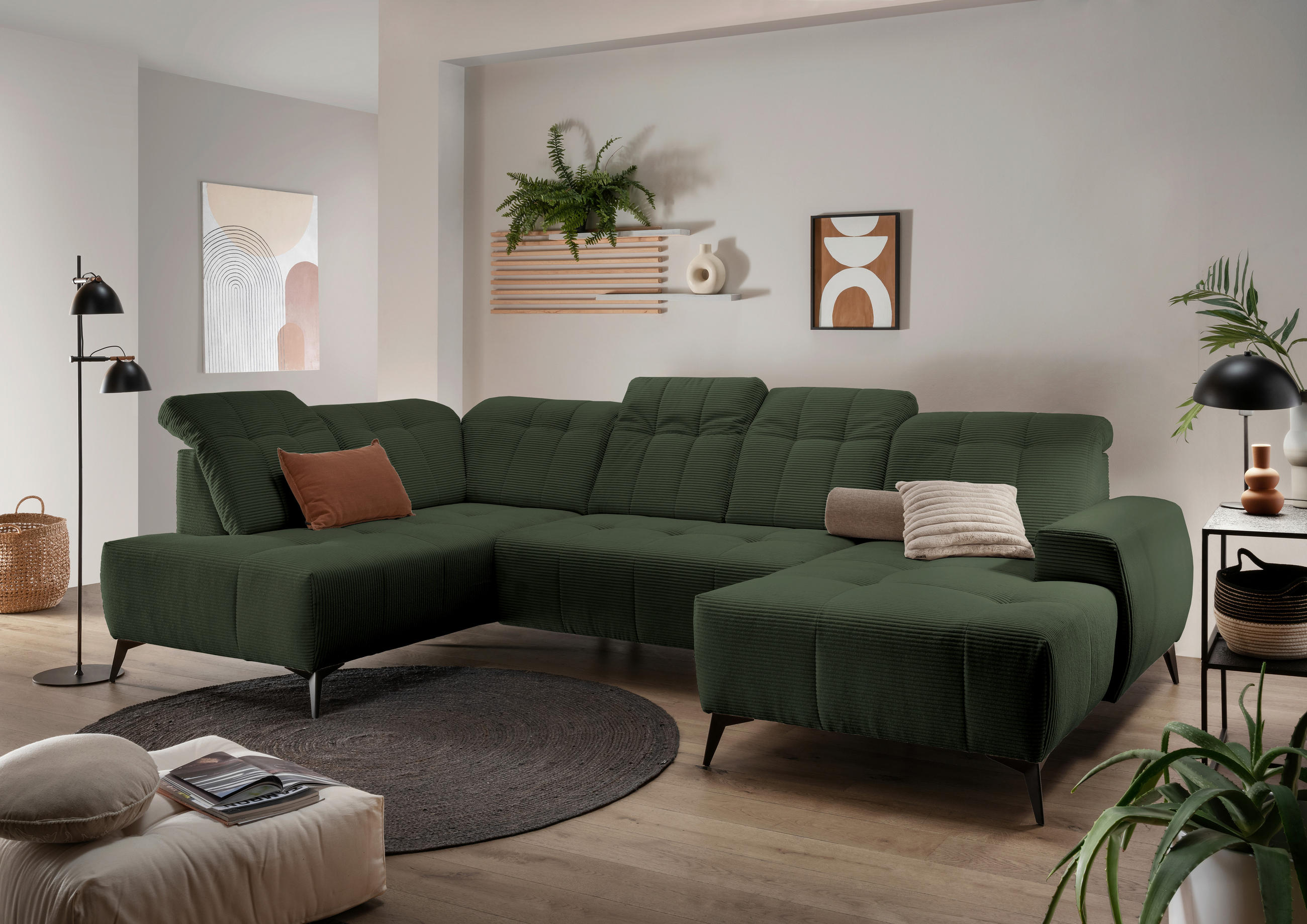 WOHNLANDSCHAFT SANO in Cord Dunkelgrün  - Dunkelgrün/Schwarz, MODERN, Textil/Metall (200/337/180cm) - Livetastic