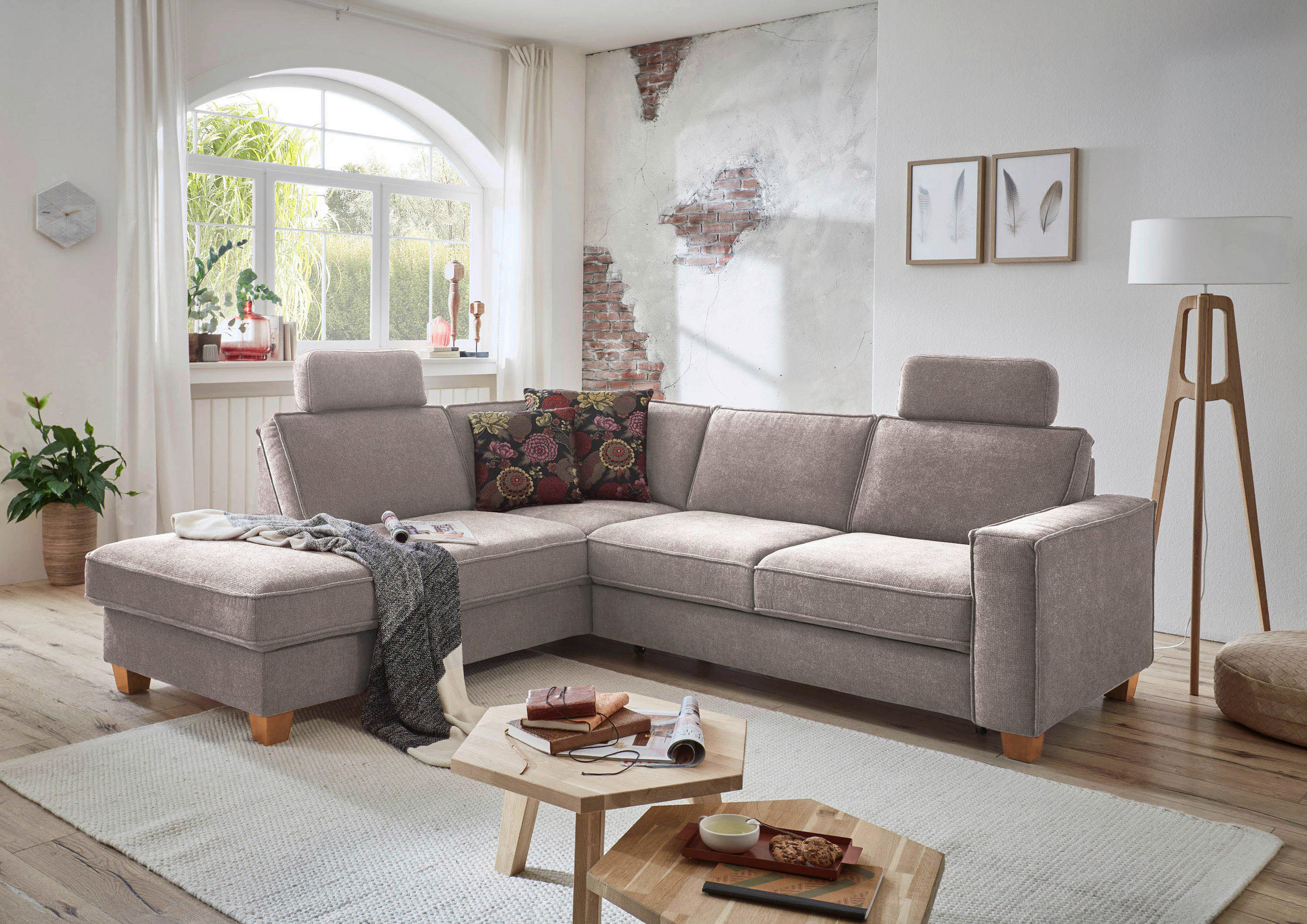 ECKSOFA Taupe Flachgewebe  - Taupe/Eichefarben, KONVENTIONELL, Holz/Textil (213/236cm) - Sit & More