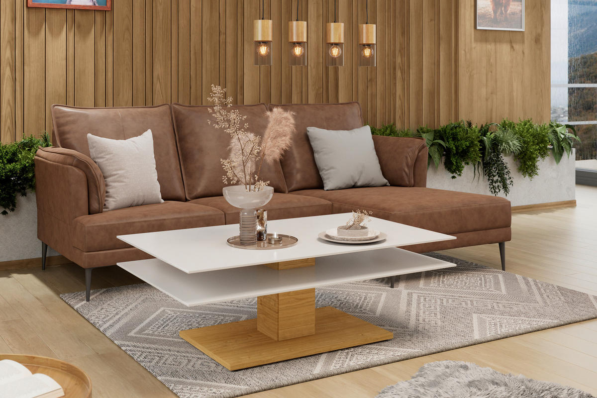 COUCHTISCH in Holz, Glas, Holzwerkstoff 120/75/43 cm  - Weiss/Eichefarben, Design, Glas/Holz (120/75/43cm) - Voglauer