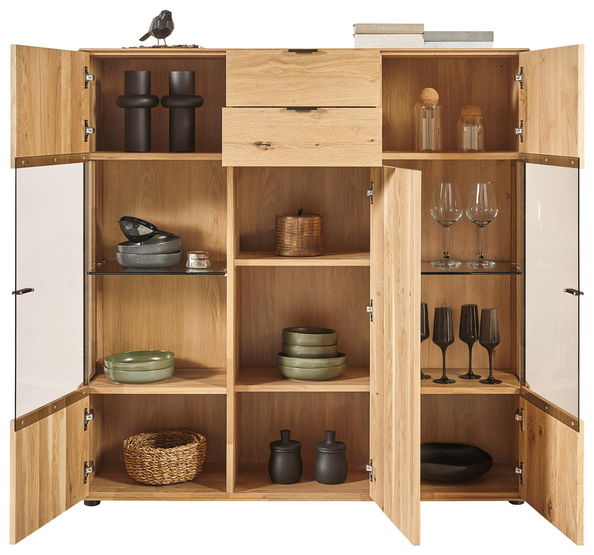 HIGHBOARD Wildeiche  136,9/138,3/37,1 cm  - Wildeiche/Schwarz, Natur, Glas/Holz (136,9/138,3/37,1cm) - Valnatura