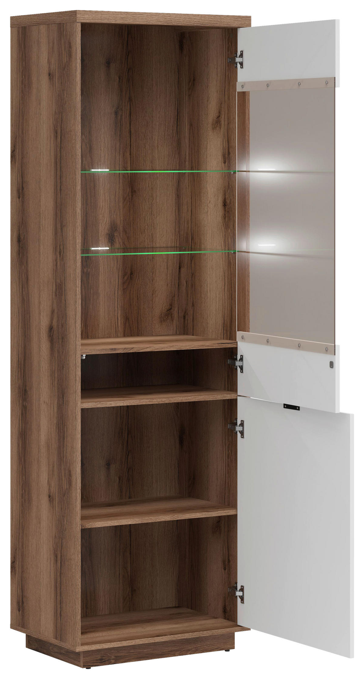 VITRINA boja hrasta, bela visoki sjaj   - boja hrasta/bela visoki sjaj, Dizajnerski, staklo/metal (64/200,5cm) - Xora