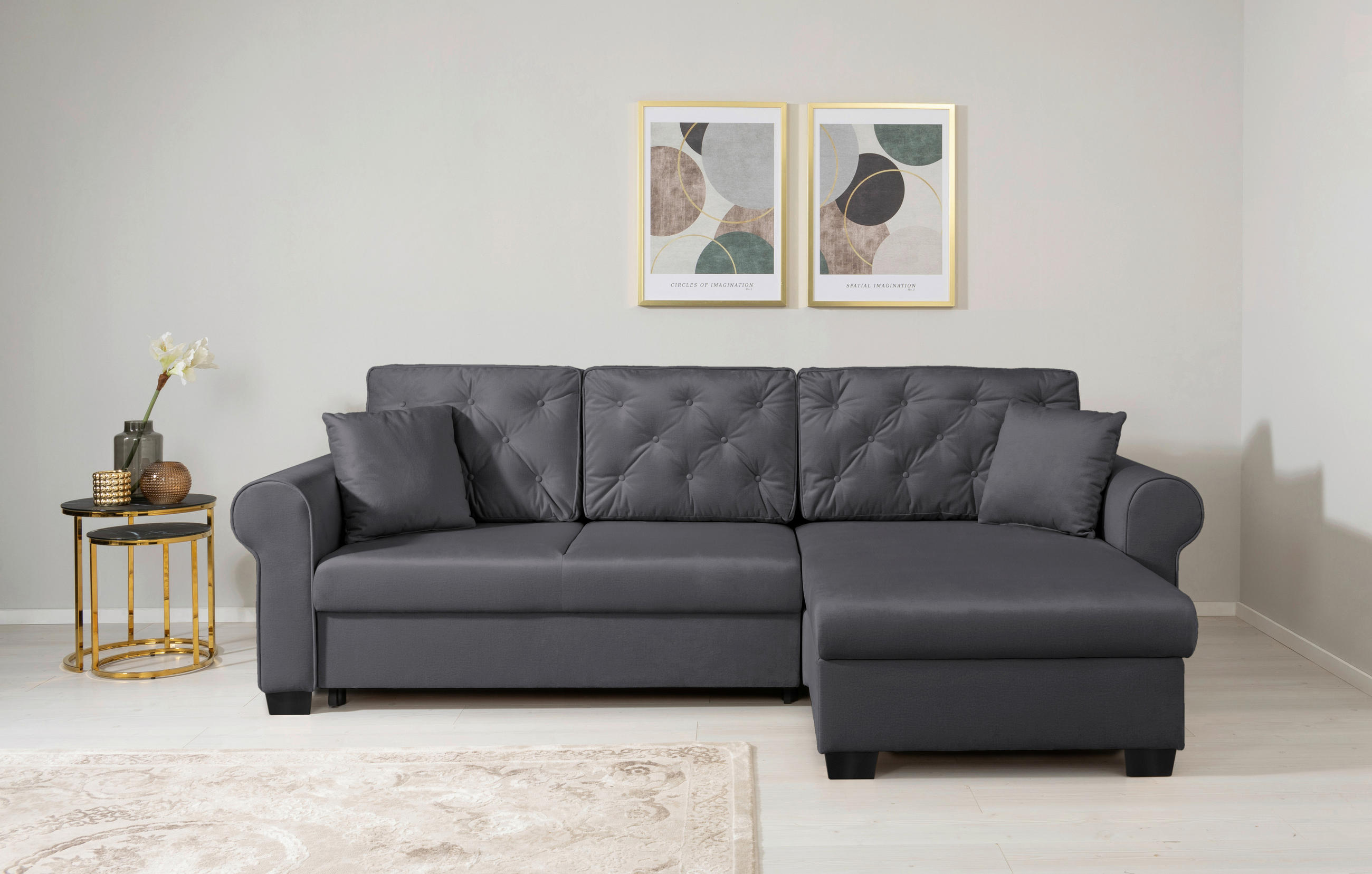 ECKSOFA in Dunkelgrau  - Dunkelgrau/Buchefarben, Design, Holz/Textil (266/161cm) - MID.YOU